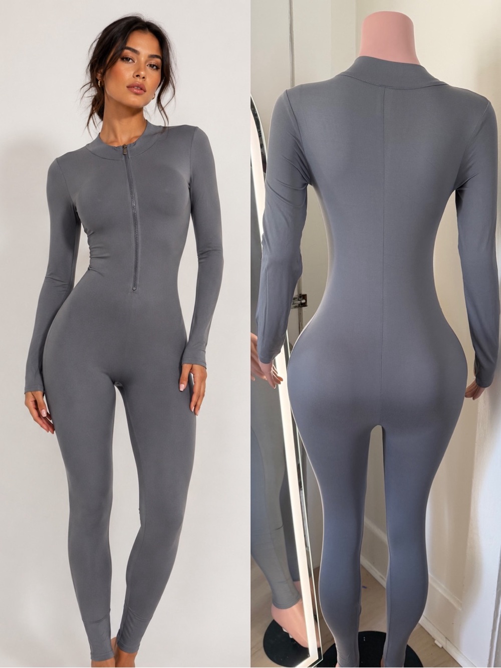 Long-Sleeve Zip-Front Gray Soft Jumpsuit